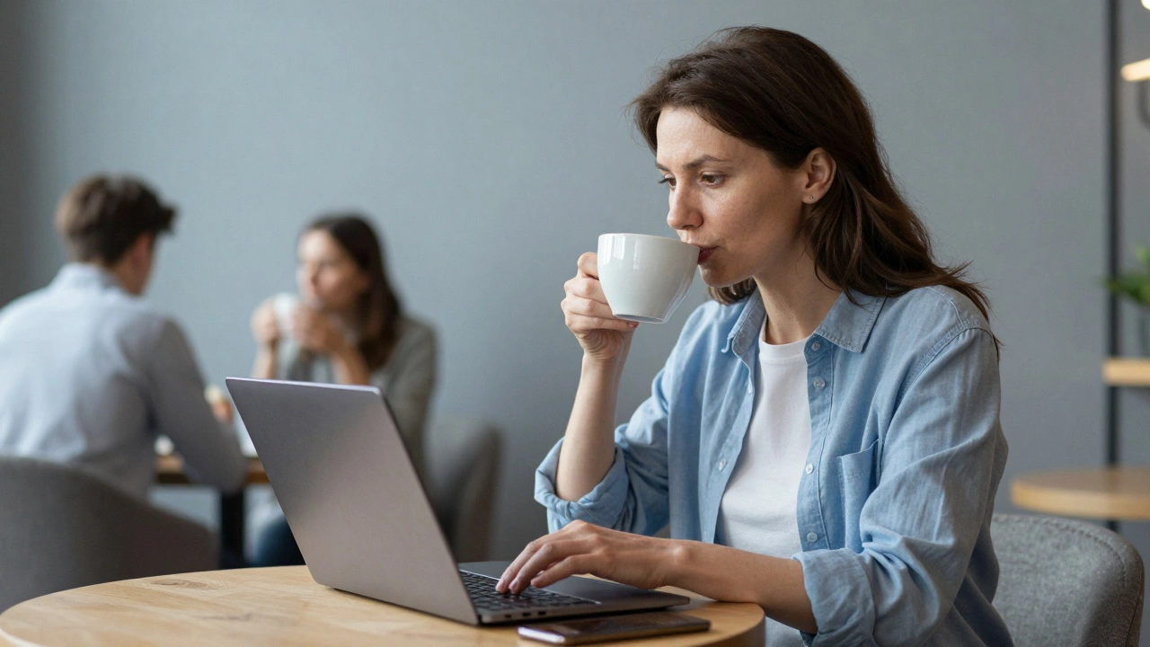 Женщина работает фрилансером в кафе, получая отзыв от клиента о текстах для детских брендов.