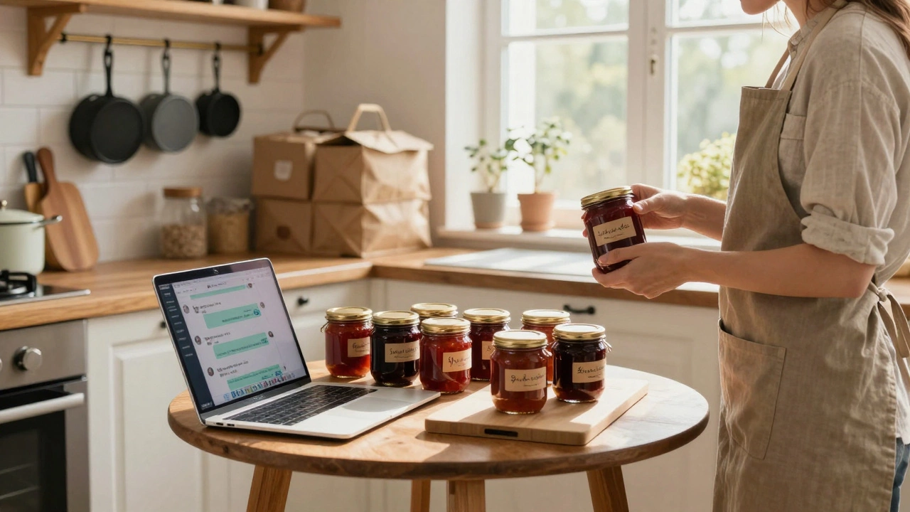 Женщина упаковывает домашнее варенье в стеклянные банки на кухне с солнечным светом.