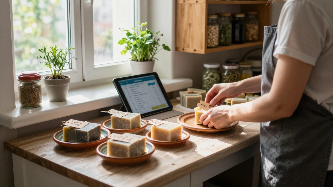 Женщина упаковывает ручную косметику на кухне, заказы отображаются на планшете.