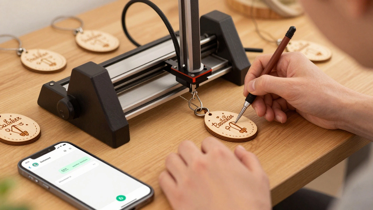 Человек гравирует деревянный брелок с помощью лазерного гравера в домашних условиях.