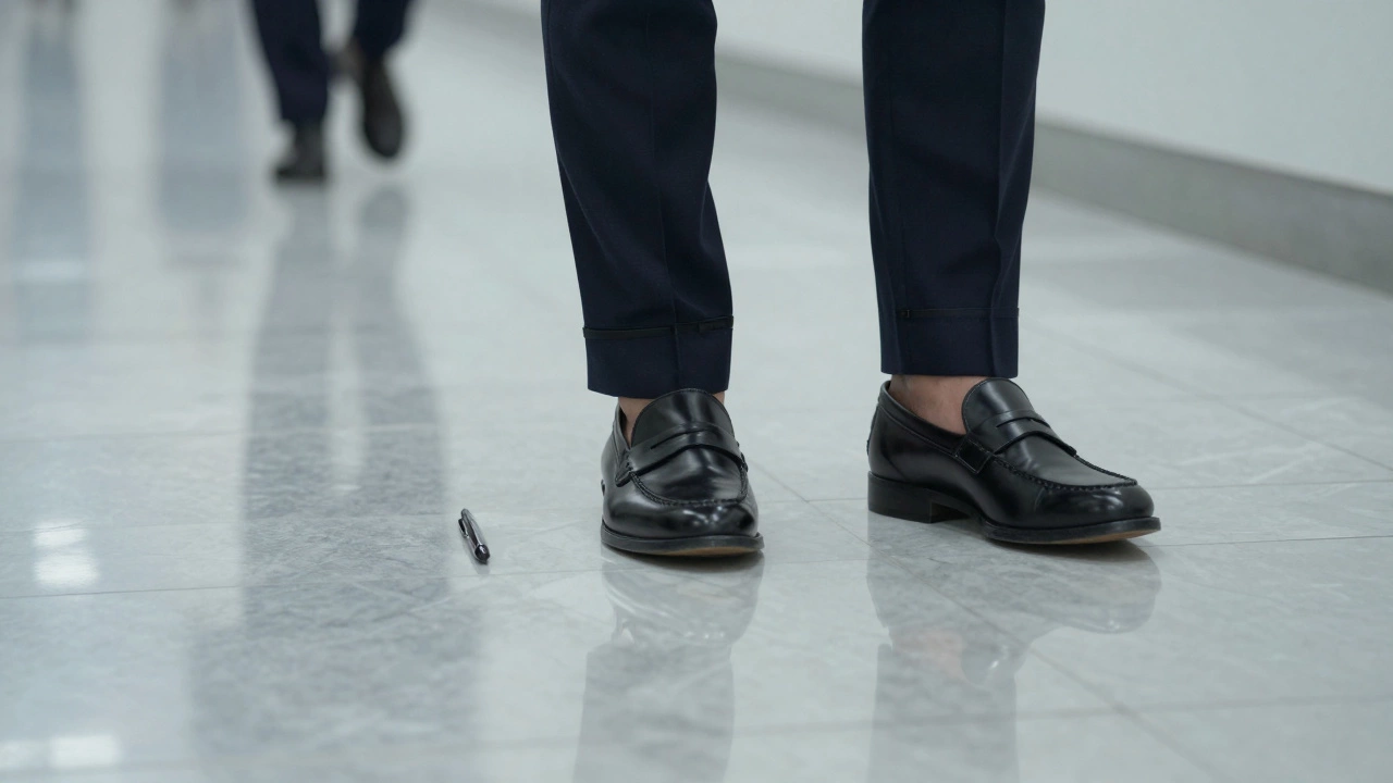 Черные лоферы и темно-синие брюки мужчины в 50 лет на мраморном полу с видимым ремнем.