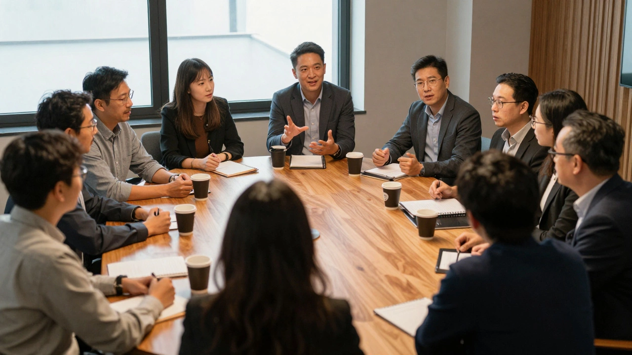 Десять лидеров отрасли ведут обсуждение за круглым столом в спокойной обстановке.