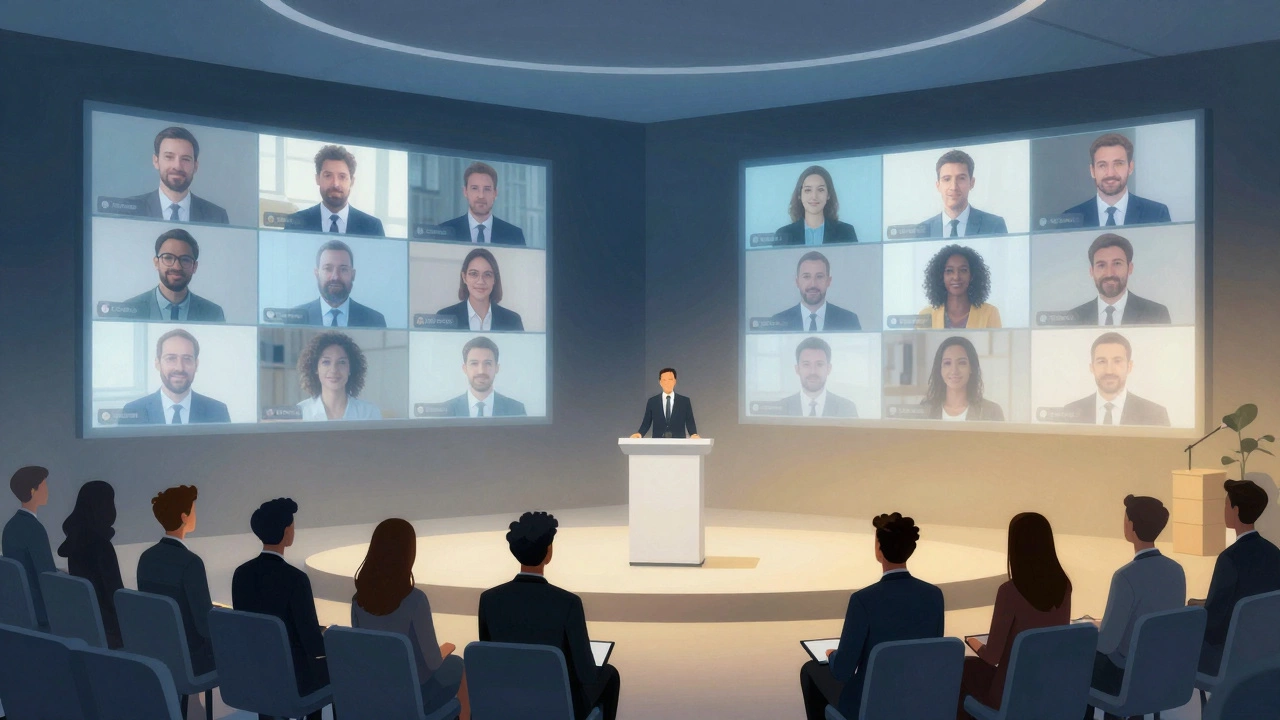 Гибридная корпоративная конференция: часть участников в зале, часть — как цифровые аватары.