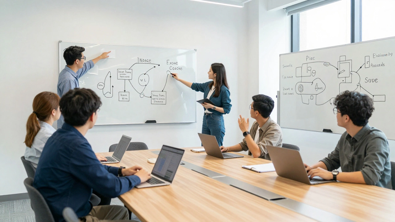 Команда решает задачи в формате квест-лекции, используя белые доски и взаимодействуя друг с другом.