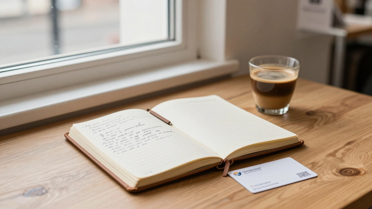 Развернутая тетрадь с ручными заметками и кофе на столе в углу выставки, символ одного значимого контакта.