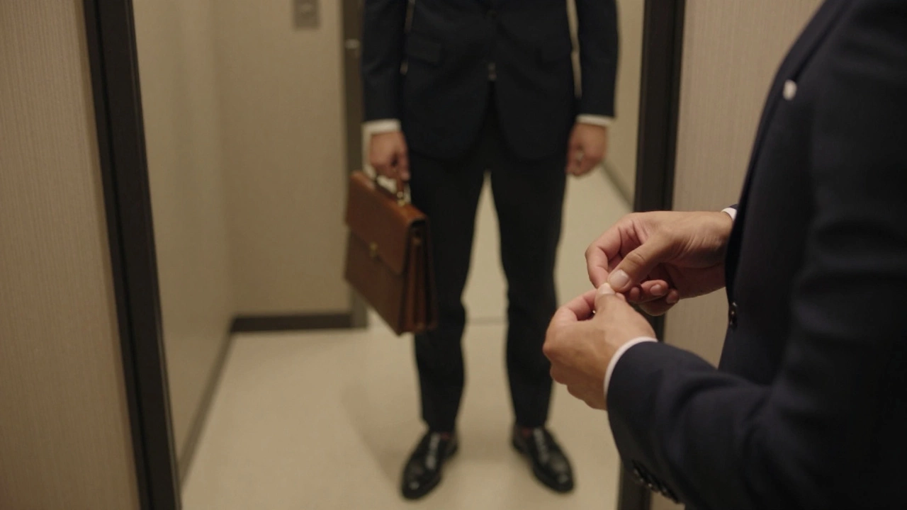 Руки мужчины в 50 лет регулируют манжету темно-синего пиджака в коридоре отеля.