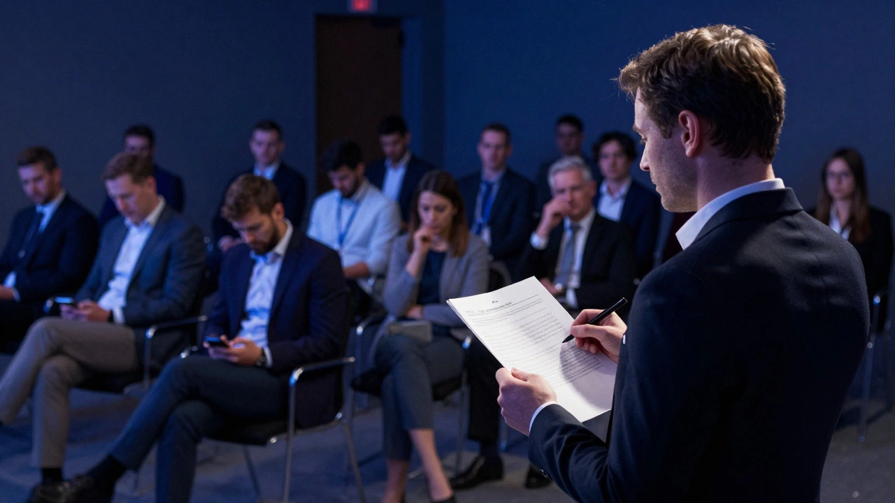 Спикер читает с листа, аудитория отвлечена, смотрит в телефоны.