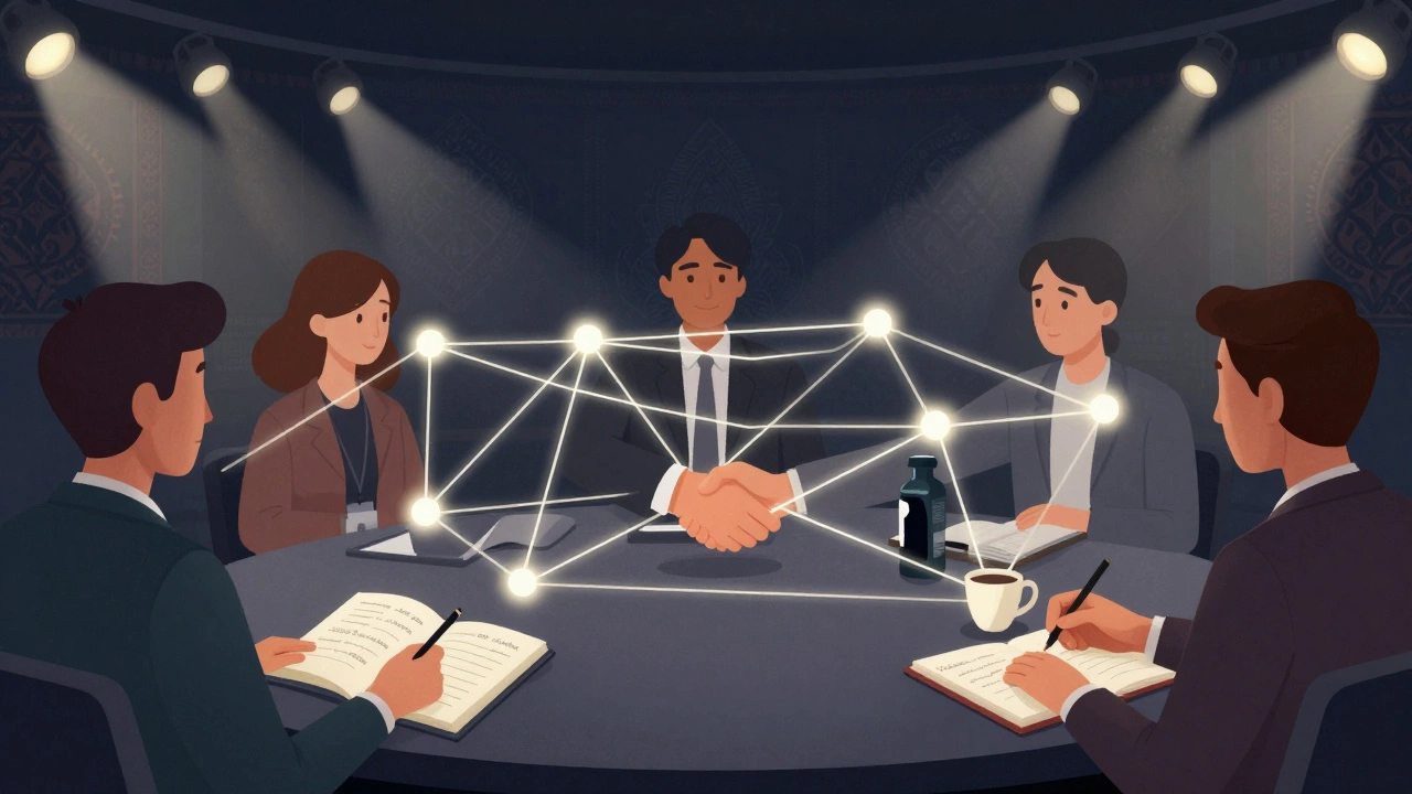 Светящиеся нити соединяют людей, заметки и продукты на бизнес-форуме, атмосфера доверия и обмена опытом.