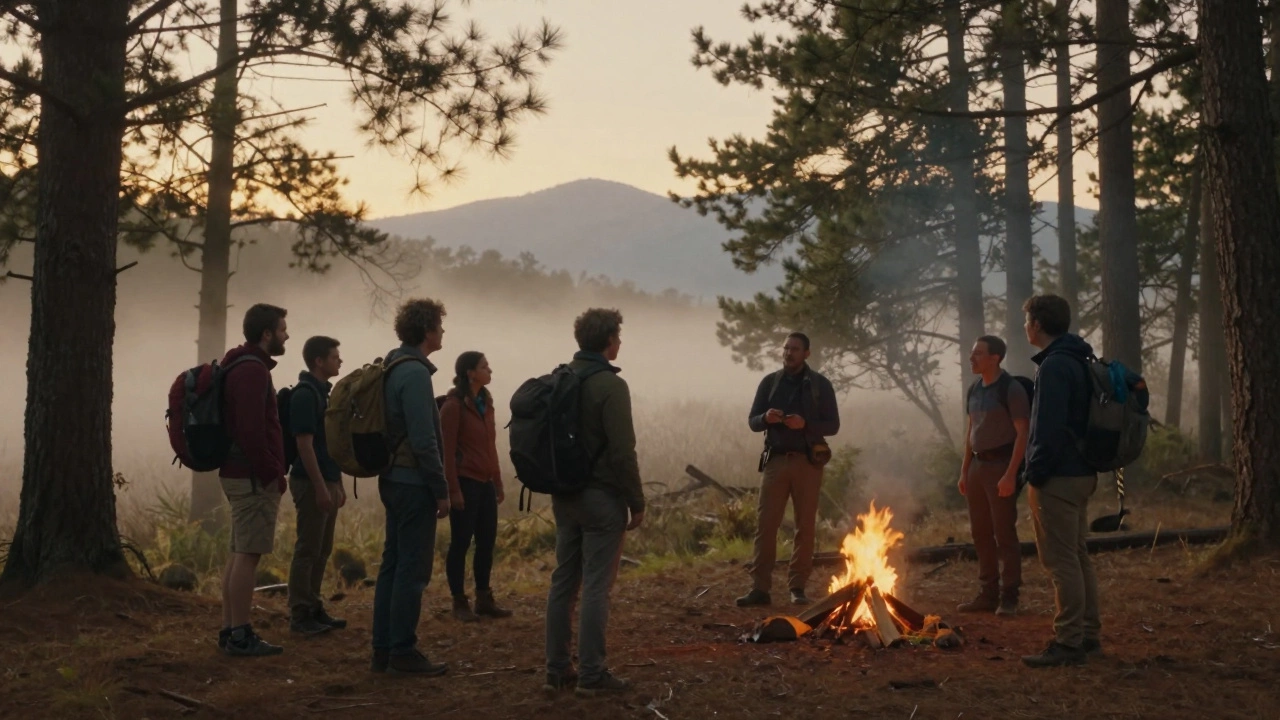 Топ-менеджеры на бизнес-походе у костра в лесу, без устройств и презентаций