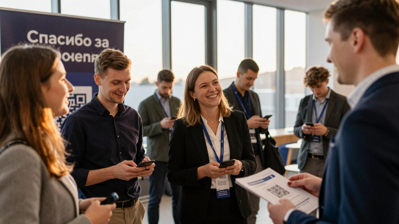 Участники бизнес-мероприятия фотографируются и получают материалы на выходе