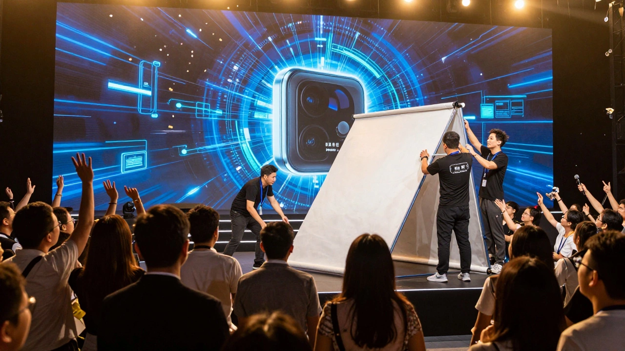 Взрывная сцена запуска продукта: толпа, световые эффекты, а за кулисами менеджер устраняет непредвиденную проблему.