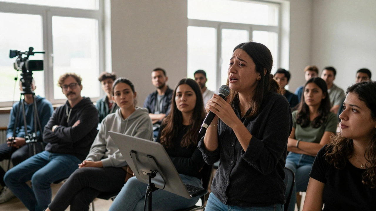 A client sharing an emotional story about how a product saved his business, audience leaning in attentively.