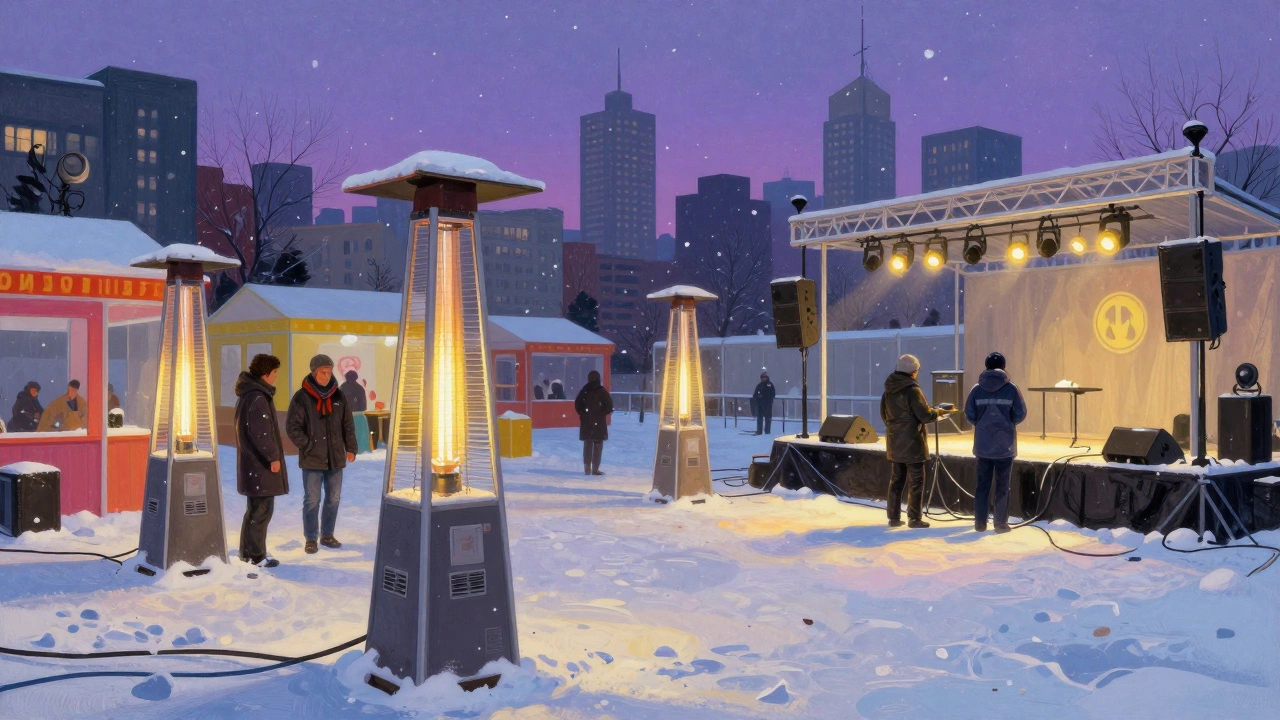 Бригада специалистов монтирует оборудование на открытом пространстве в снежном городе.