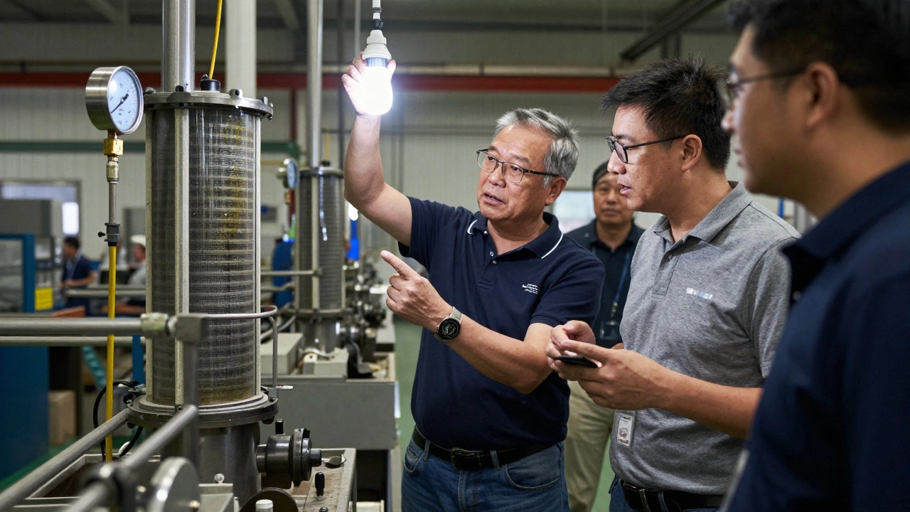 Clients actively testing industrial filters in a factory, observing real-time pressure changes with engineers.
