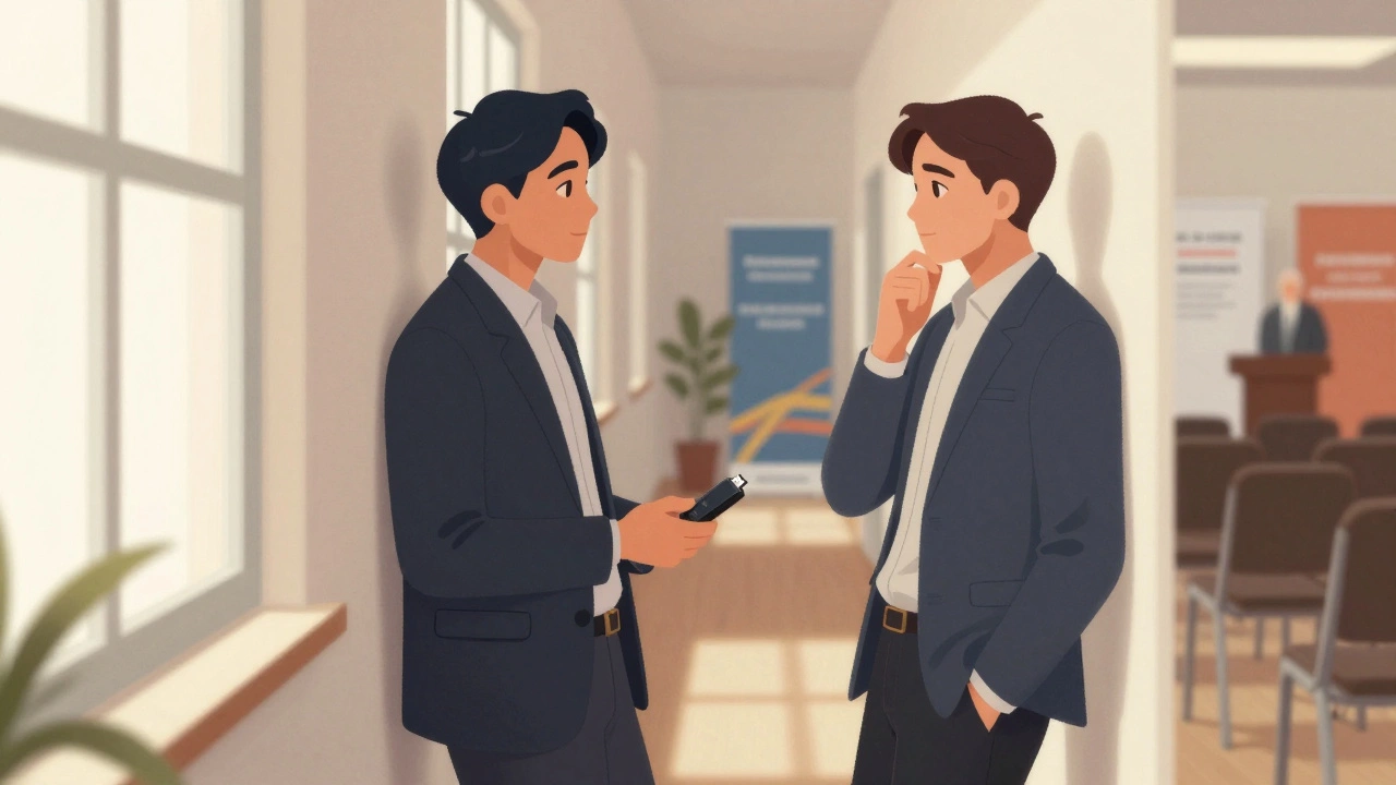 Два бизнесмена в коридоре форума обмениваются флешкой и ведут искренний разговор.