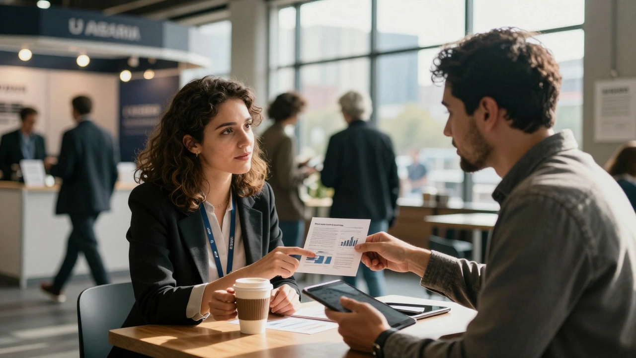 Два профессионала обсуждают сотрудничество за кофе на выставке, обмениваясь информацией и кейсами.
