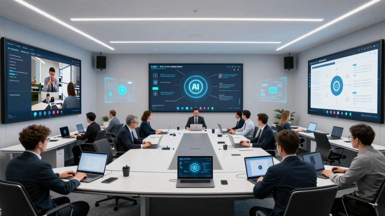 Гибридное совещание: все участники, включая тех, кто в офисе, сидят за ноутбуками и подключены к одной цифровой платформе.