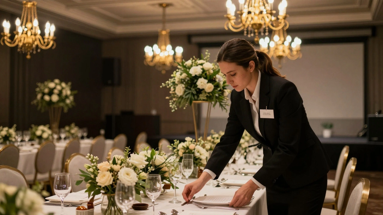 Планировщик событий настраивает детали корпоративной конференции: стулья, названия, сцену.