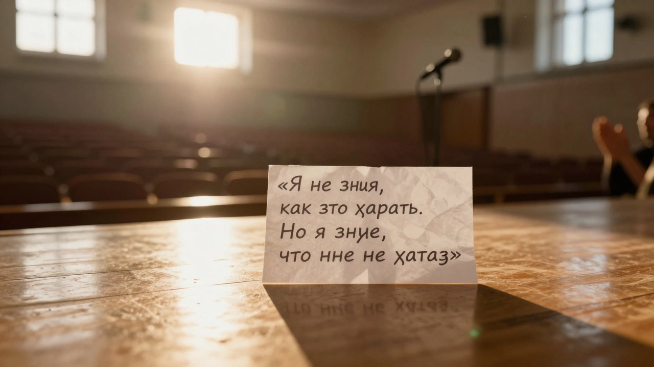 Пустой зал утром, на полу — записка с признанием, свет падает через окно.