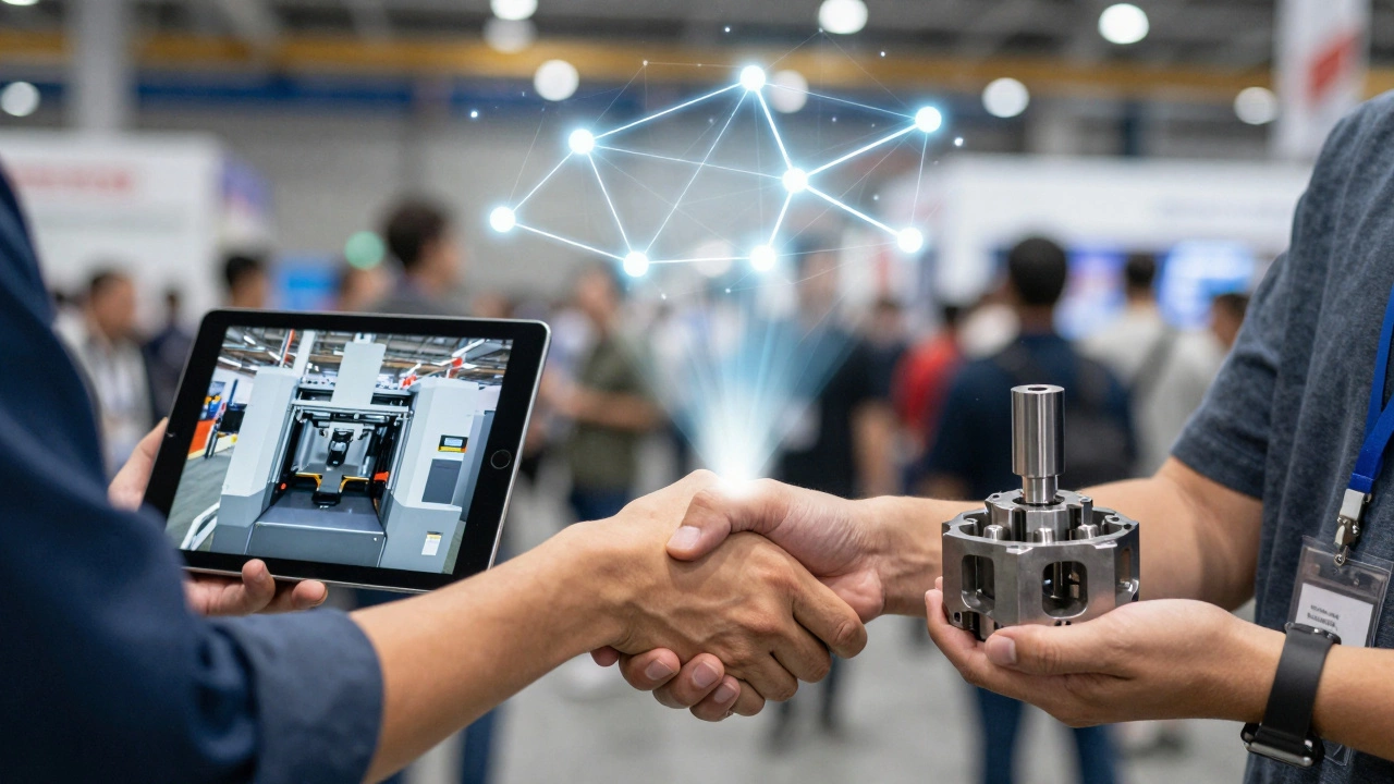 Руки обмениваются металлическим образцом вместо цифрового слайда — символ доверия на выставке.