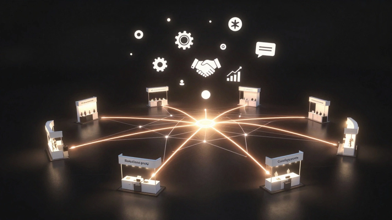 Схематичное изображение сетевых связей, образующихся на выставке, как светящиеся траектории между компаниями.