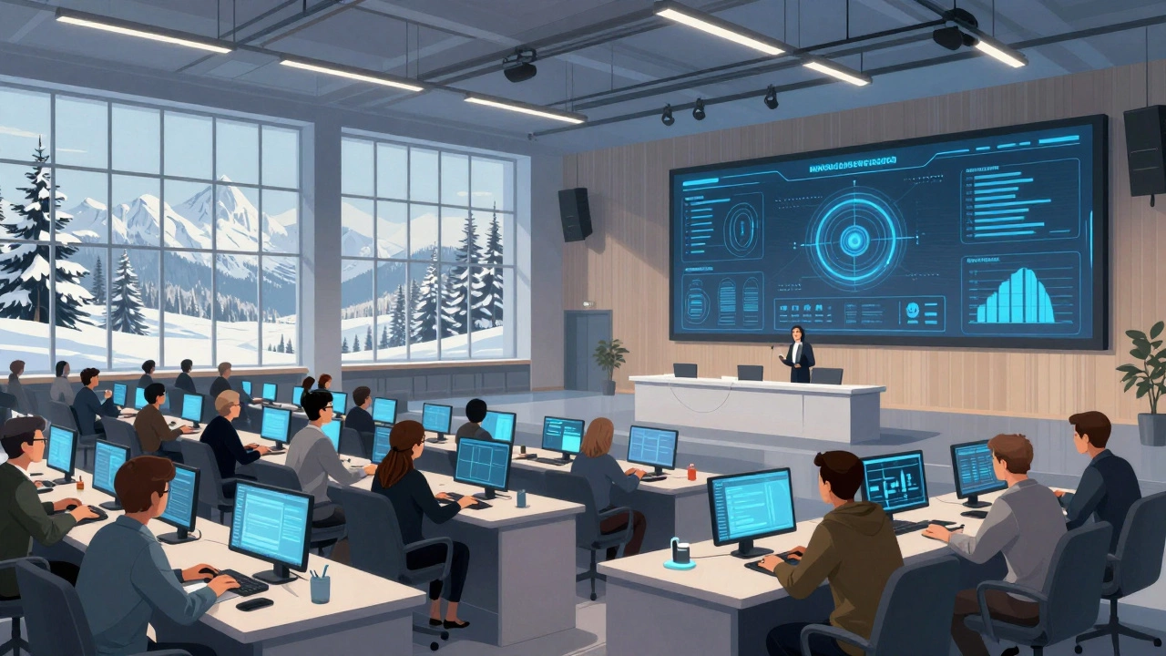 Техническая конференция в Сибэкспо, Новосибирск, с автоматизированным освещением и экранами данных на фоне снежных гор.