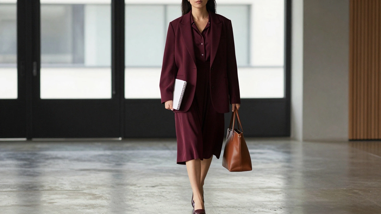 Женщина в бордовом платье-рубашке с пиджаком-оверсайз идет по коридору конференции с сумкой и блокнотом.