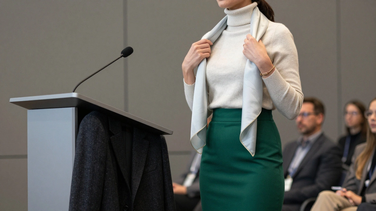 Женщина в изумрудной юбке и бежевой водолазке с шелковым шарфом стоит у подиума на технологической конференции.