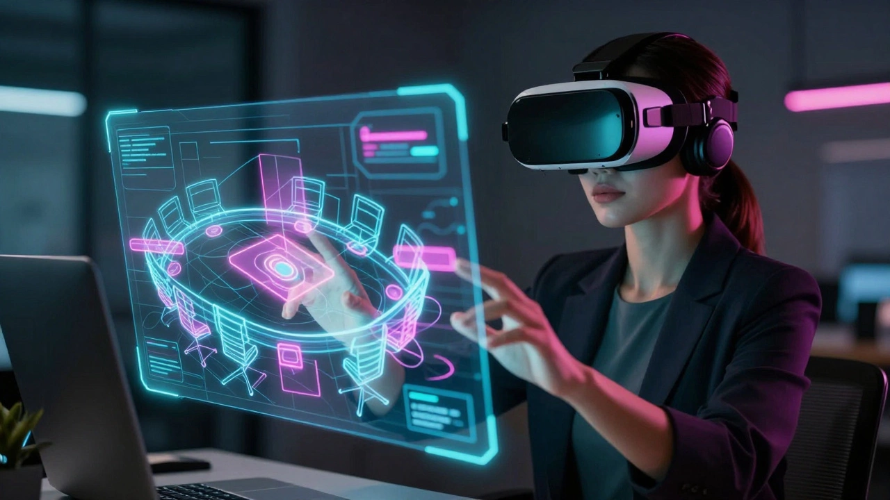 Женщина в очках виртуальной реальности визуализирует расстановку зон мероприятия.