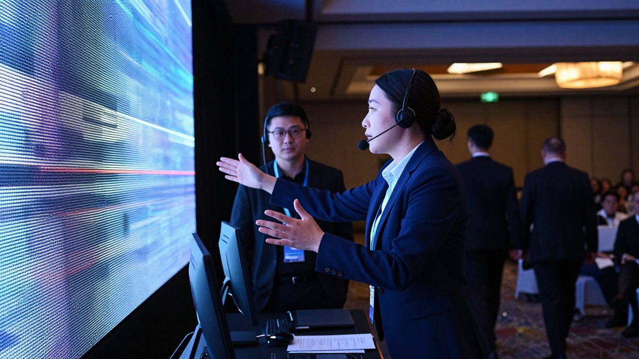 Организатор мероприятия с гарнитурой координирует работу команды в зале конференции