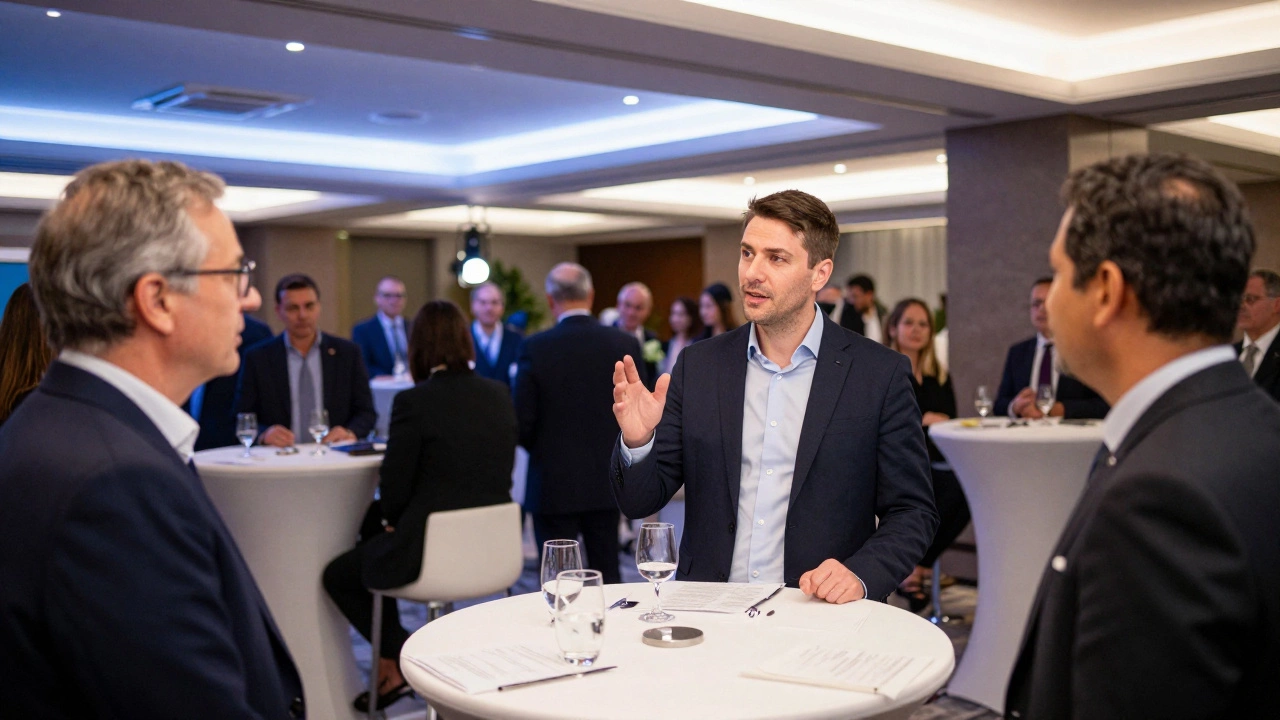 Основатель стартапа обсуждает проект с бизнес-ангелом в VIP-зоне форума