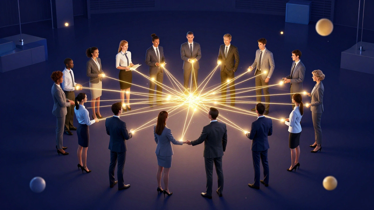 Схематичное изображение людей, связанных золотыми нитями деловых связей и ресурсов