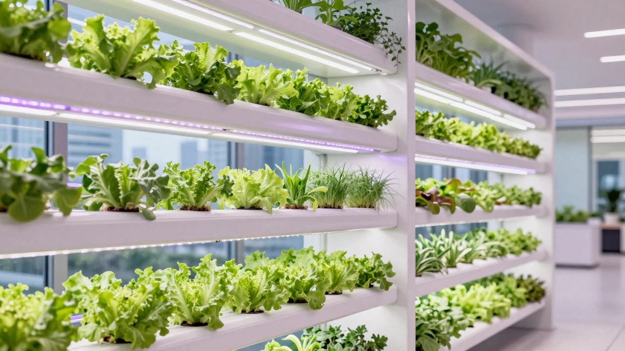 Современная вертикальная городская ферма с гидропоникой и фитолампами